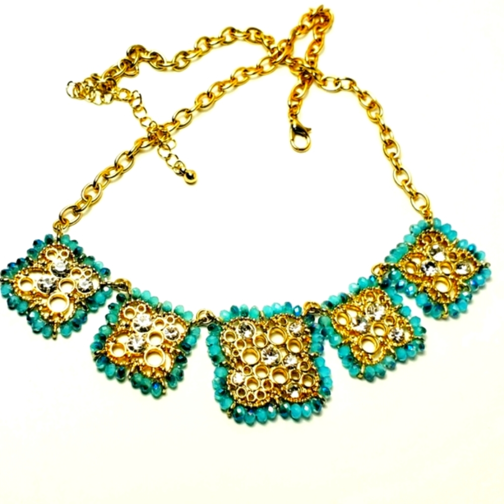 38" Golden Statement Necklace Highlighted with Blue & Crystal Jewels